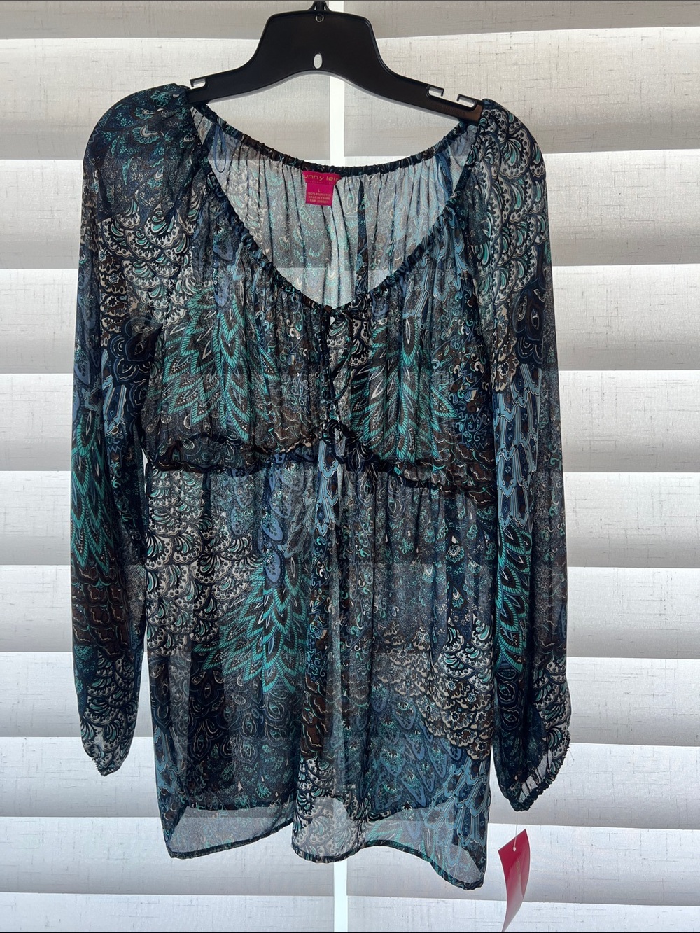 Sheer Paisley Long-Sleeve Peasant Top - Black/Teal - Sunny Leigh